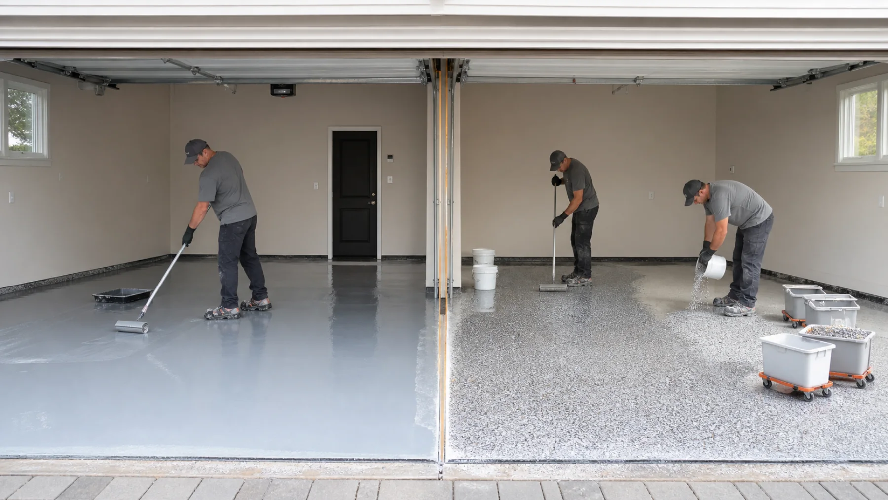 One garage divided into a slower solid-coat workflow and a faster two-person flake-broadcast workflow.